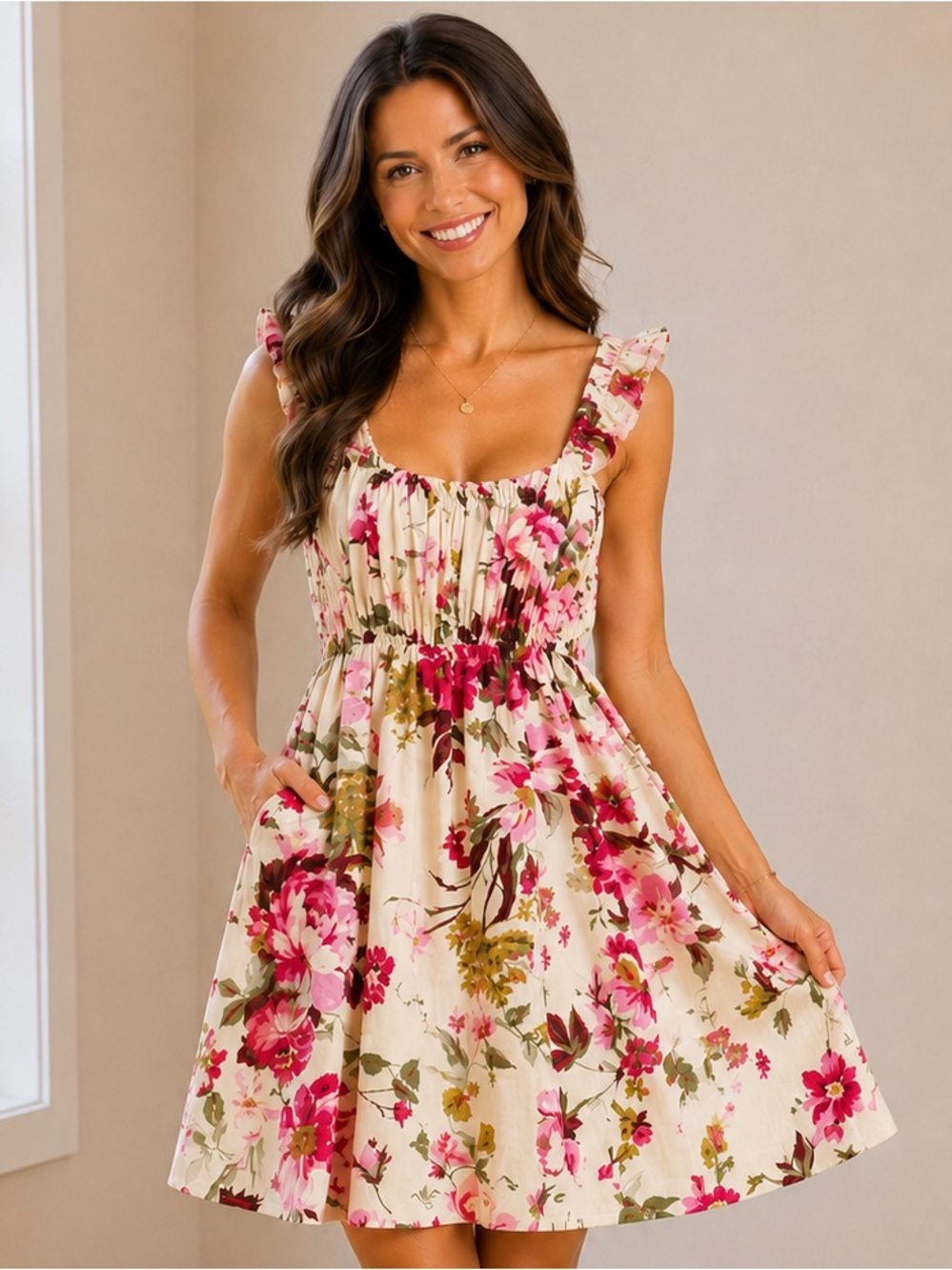 Abercrombie & Fitch Floral Ruffle-Strap Summer Dress - Pink on Cream